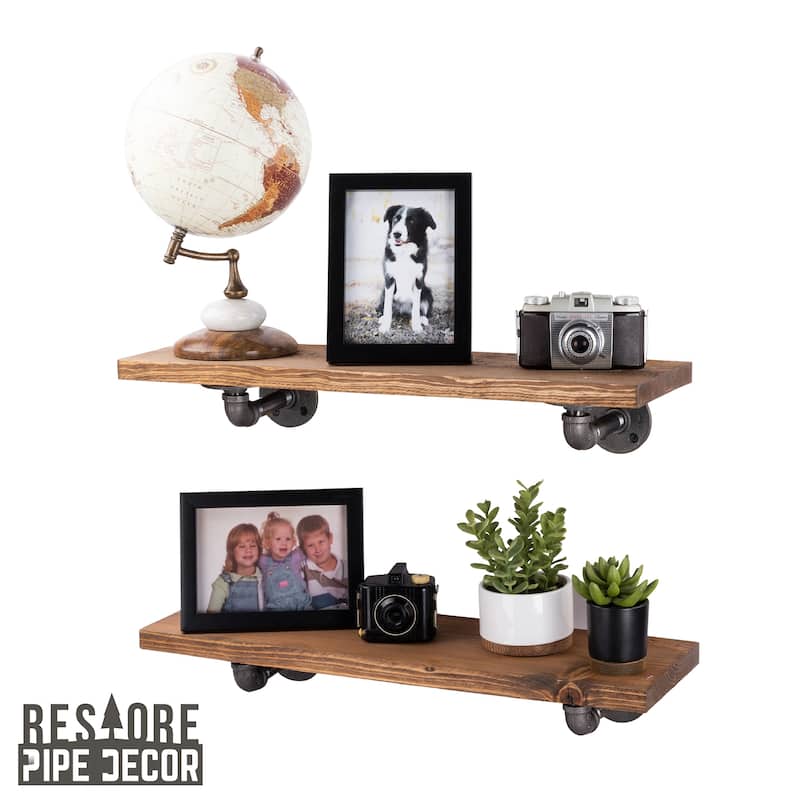 Restore Wood 24 in. Wall Shelf, L-Shape Steel Pipe Brackets, Set of 2 - Autumn Brown