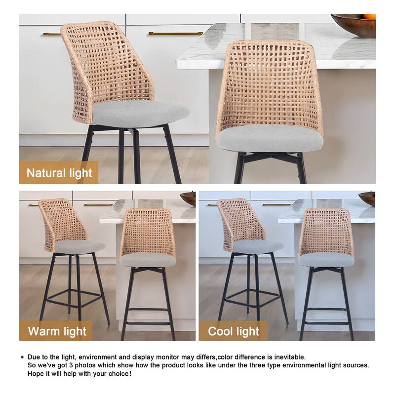 Chenille Counter Height Swivel Bar Stools Rattan Back with Metal Legs