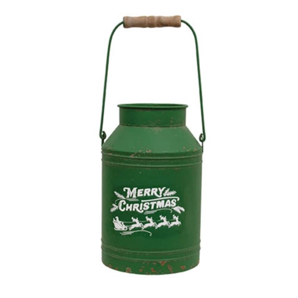 Rustic Green Metal Milk Can with Merry Christmas Santa Design