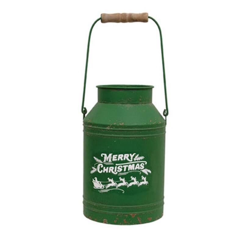 Rustic Green Metal Milk Can with Merry Christmas Santa Design - Green-White
