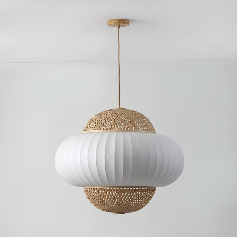 Hikari 60-Watt 4-Light Wood Grain and Natural Pendant Design Pendant Light with Woven Bamboo Shade and Bulb Not Included