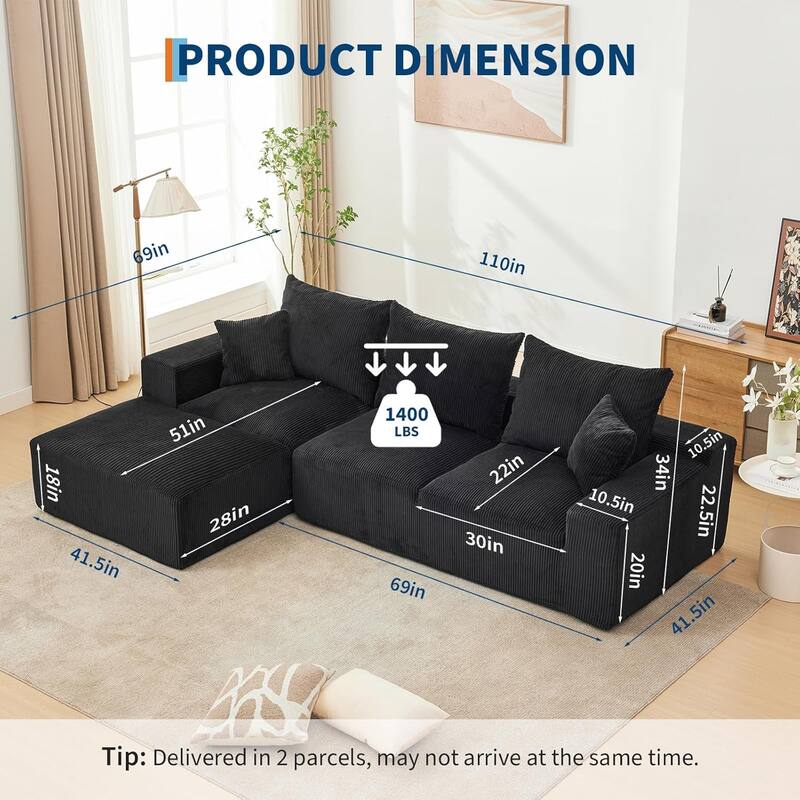 110" Oversized L-Shaped Sectional Sofa with Right Chaise, Cloud Couch with Corduroy & Memory Foam