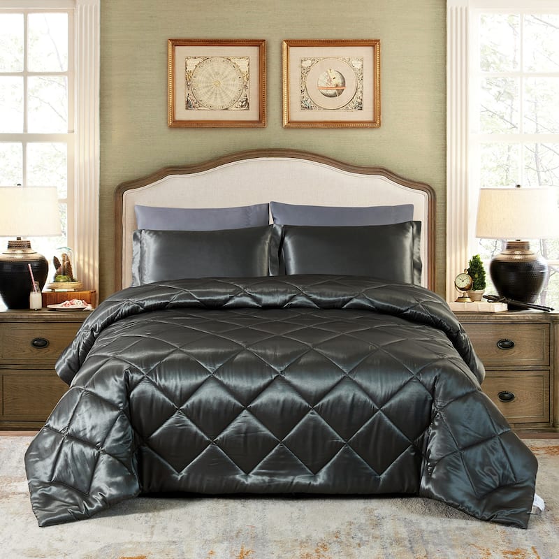 8 Piece Luxury Silky Satin Comforter Set - Dark Gray - Twin