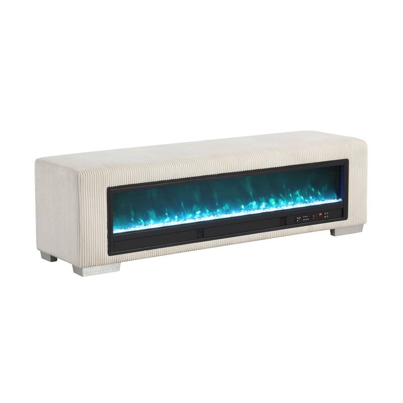 Furniture of America Goffney Chenille Bench with Fireplace Simulator and Bluetooth Audio