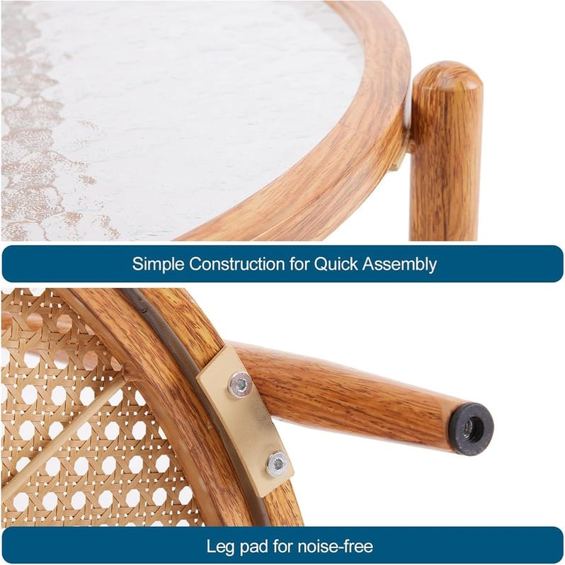 VINGLI Double-Layered Round Water Ripple Glass with Heat Transfer Wood Grain Iron Frame Coffee Table
