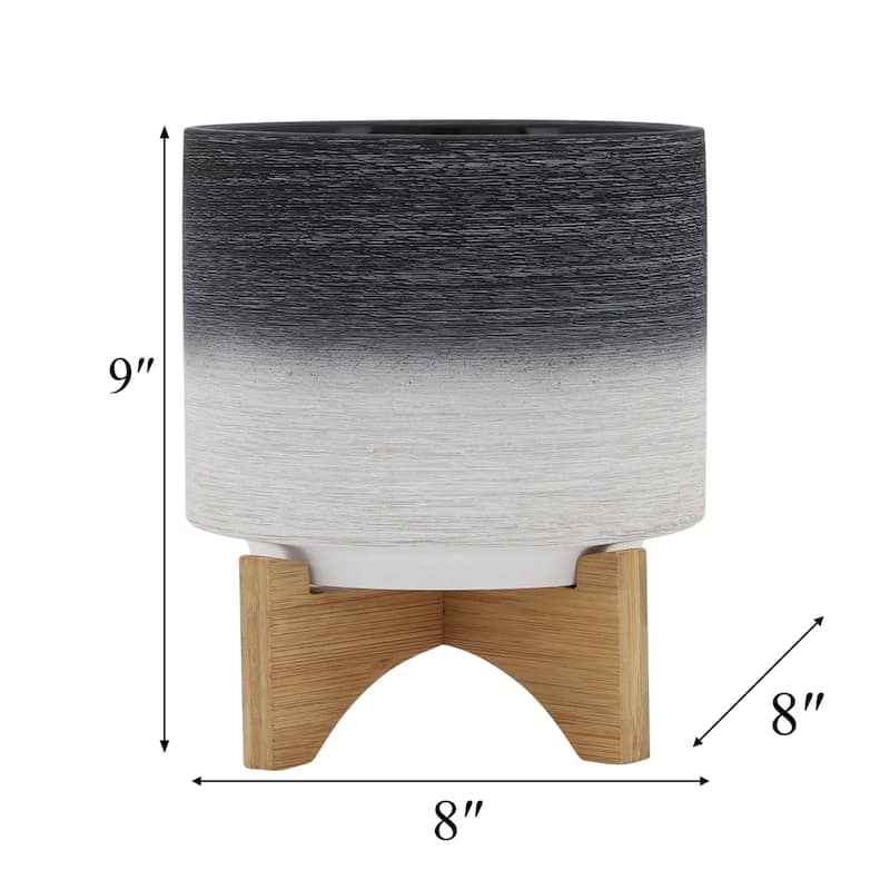 Sagebrook Home Modern Neutral Two Toned Ceramic Planter with Solid Rubberwood Stand