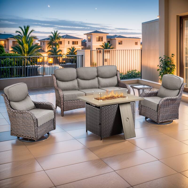 Pocassy Outdoor 6 Inch Sofa Chair Ottoman with Fire Pit Table Set - Brown Wicker Gray Cushion - 5 Pieces Sofa Chair Table with Fire Table