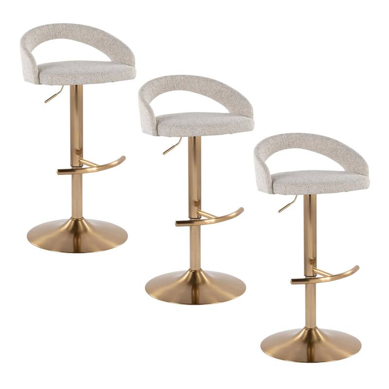 Grotto Upholstered Adjustable Barstool with Gold Metal - Set Of 3 - Oat Fabric