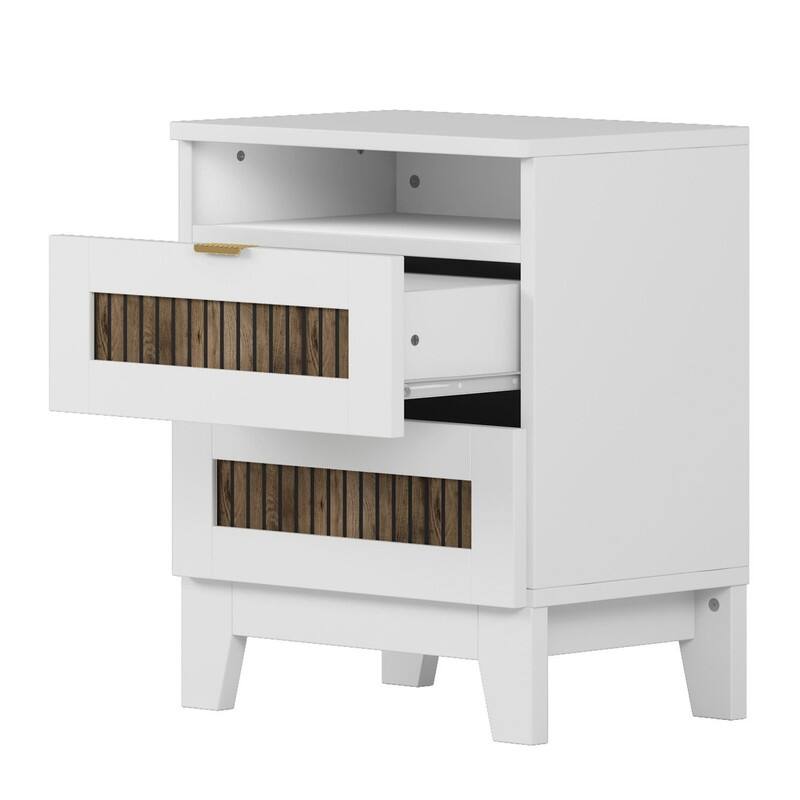 4-Pc Full/Queen Farmhouse Bedroom Set with Wooden Strip Stickers, Storage Nightstand & Dresser, White/Black