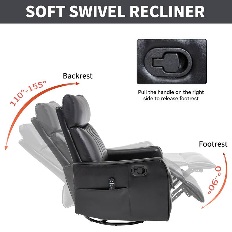 Faux Leather Swivel Recliner Chair, Manual Recliner Chair with Heat & Massage, Glider Rocker Chair with Side Pocket