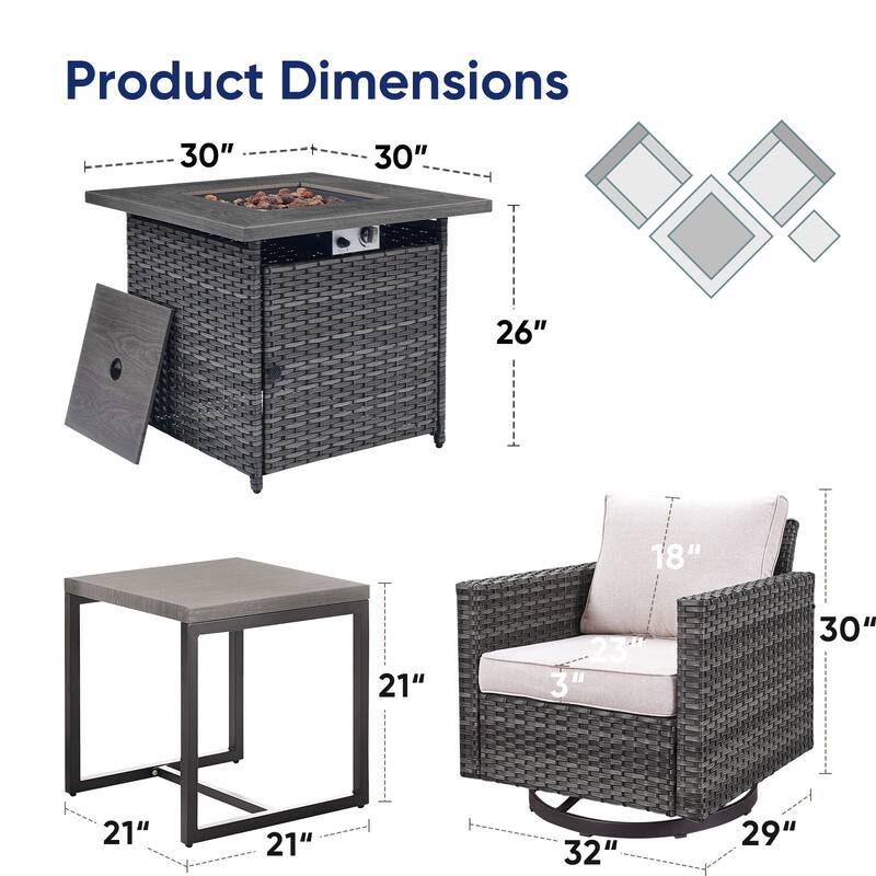 26 In Fire Pit Table with Patio Swivel Chairs Table
