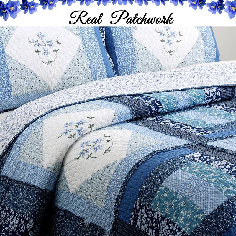 Cozy Line Freesia Blue Patchwork 3-piece Reversible Cotton Quilt Bedding Set