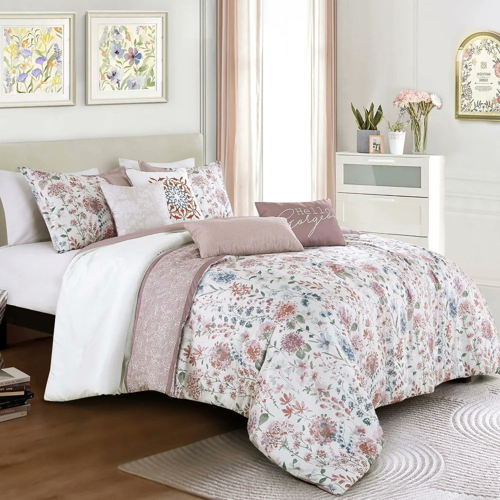 7 Piece Pink Floral Comforter Set Embroidery Soft Bedding
