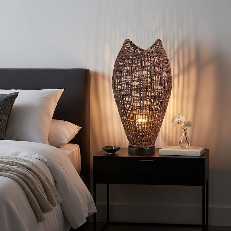 Kyoto 1-Light Rattan Table Lamp, Coastal Boho Japandi - Handwoven - 18" Tall