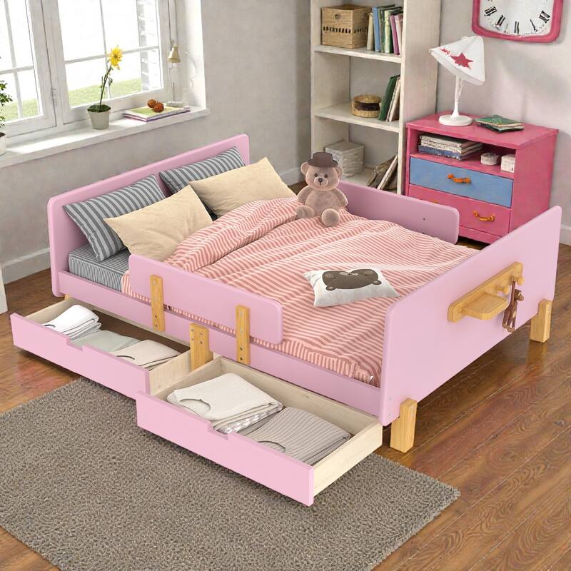 Twin/Full Wood Platform Bed with Storage Drawers, Guardrail, Shelf & Hooks, Solid Wood Frame, No Box Spring Needed
