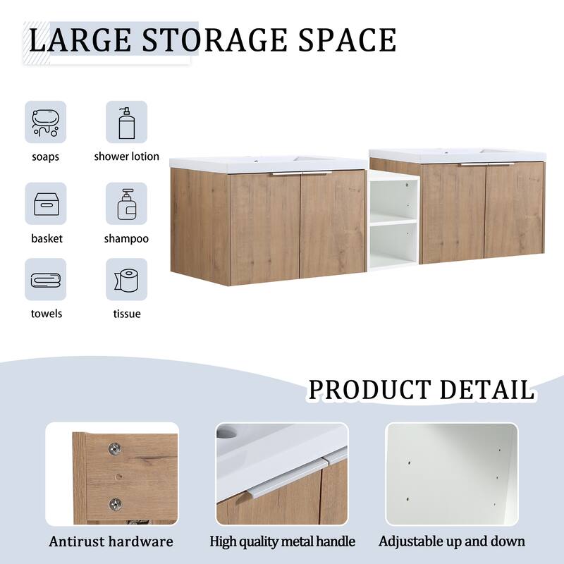 Wall Mounted Bathroom Vanity with Double Doors, Resin Sink, Eco-Friendly Plywood, Soft Closing Hinges - 71.1in L Plywood