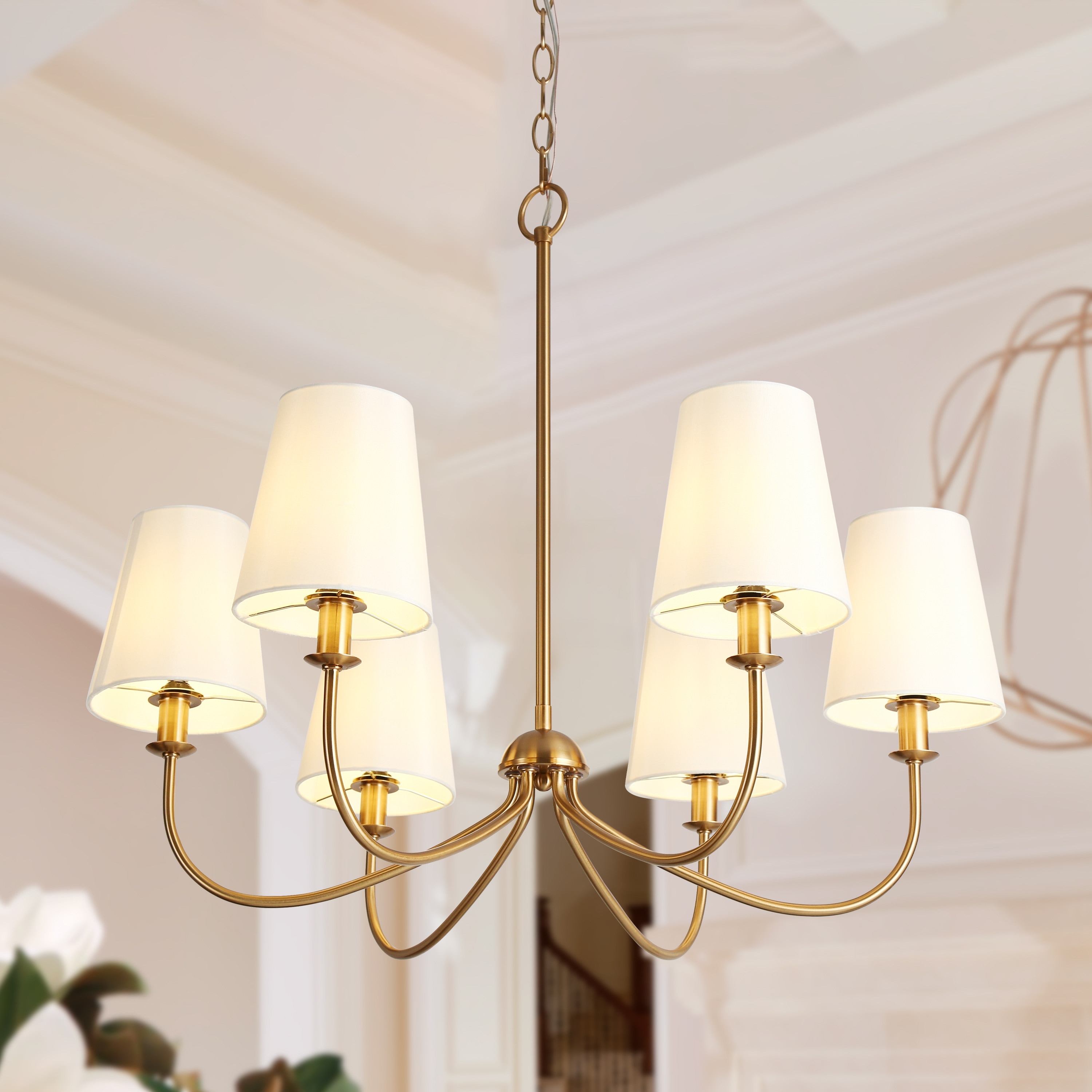 Bella Mid Century Modern Gold 6 Light Chandelier with Fabric Shade for Dining Living Room D27 x H 24.5