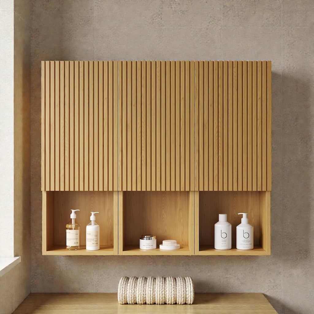 41" Wall-Mounted Modular Bathroom Cabinet Set, 3 Plywood Cabinets with Doors & Open Storage, French 3D Groove Design