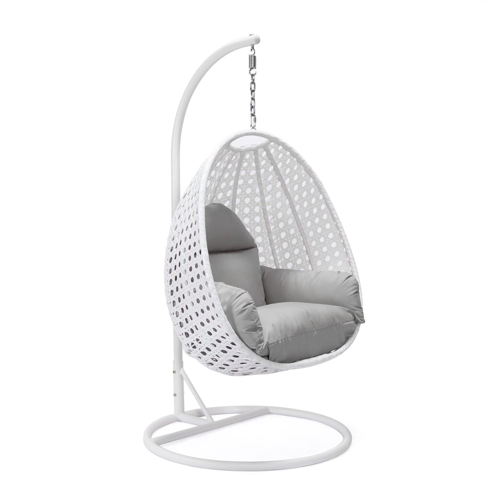 Patio Hanging Egg Swing Chair with White Wicker Shell and Iron Frame for Indoor Outdoor Patio Porch Garden Backyard