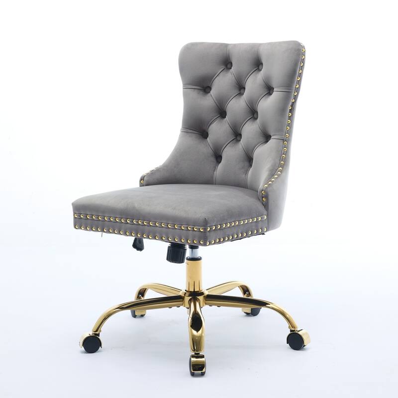 Modern Velvet Swivel Office Chair with Tufted Back/Golden Metal Base