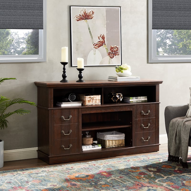 Wood TV Stand with 4 Glass Doors, Buffet Sideboard with Adjustable Shelves, Media Console Table with Metal Handles