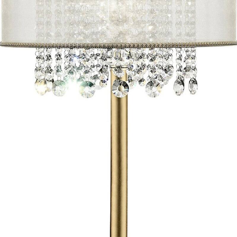 Gold Metal Table Lamp with White Silk Drum Shade and Crystal Accents - 16” x 16” x 30” (D x W x H)