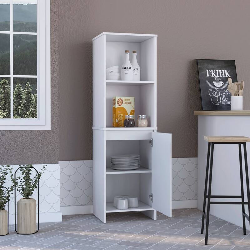 Kitchen Pantry 59" H, Two Open Storage Shelves, Single Door Cabinet, Two Interior Shelves, White - White
