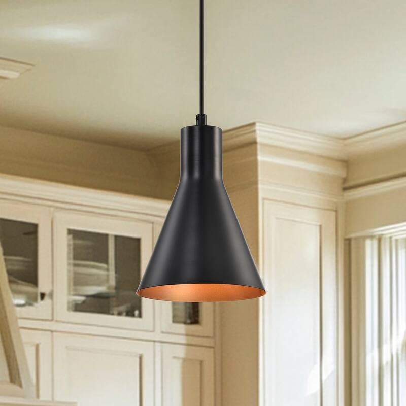 1-Light Matte Black Metal Cone Hanging Kitchen Pendant Light