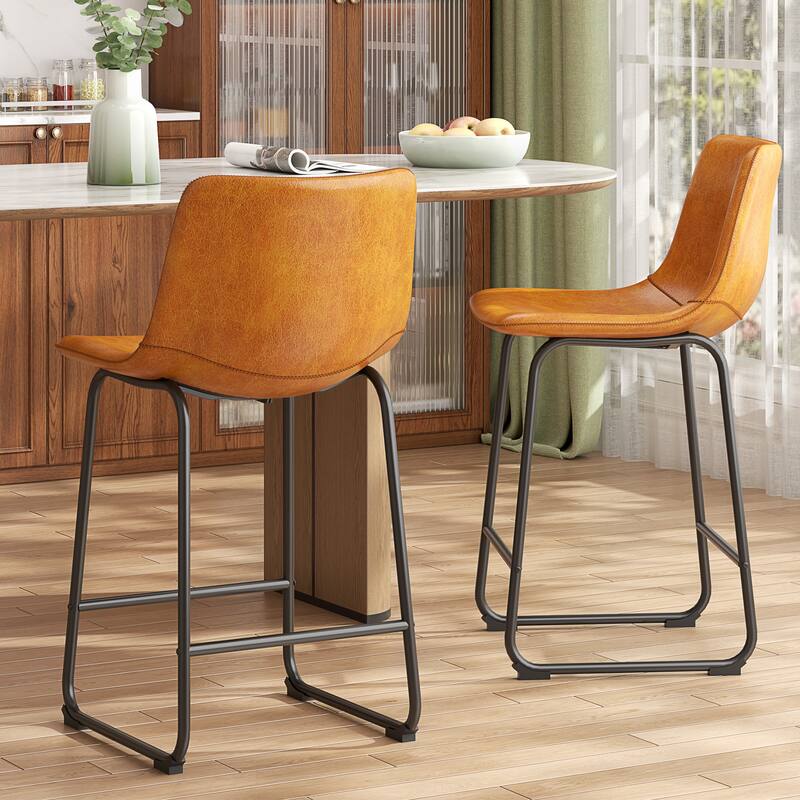 Bar Stools Faux Leather Counter Stools with Back Armless Dining Chairs (Set of 2)