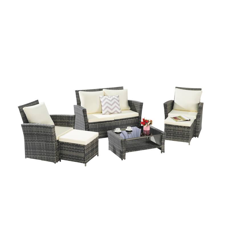 6 Pieces Patio Conversation Furniture Sets, All Weather Wicker Sectional Sofa with Glass Coffee Table and 2 Ottomans