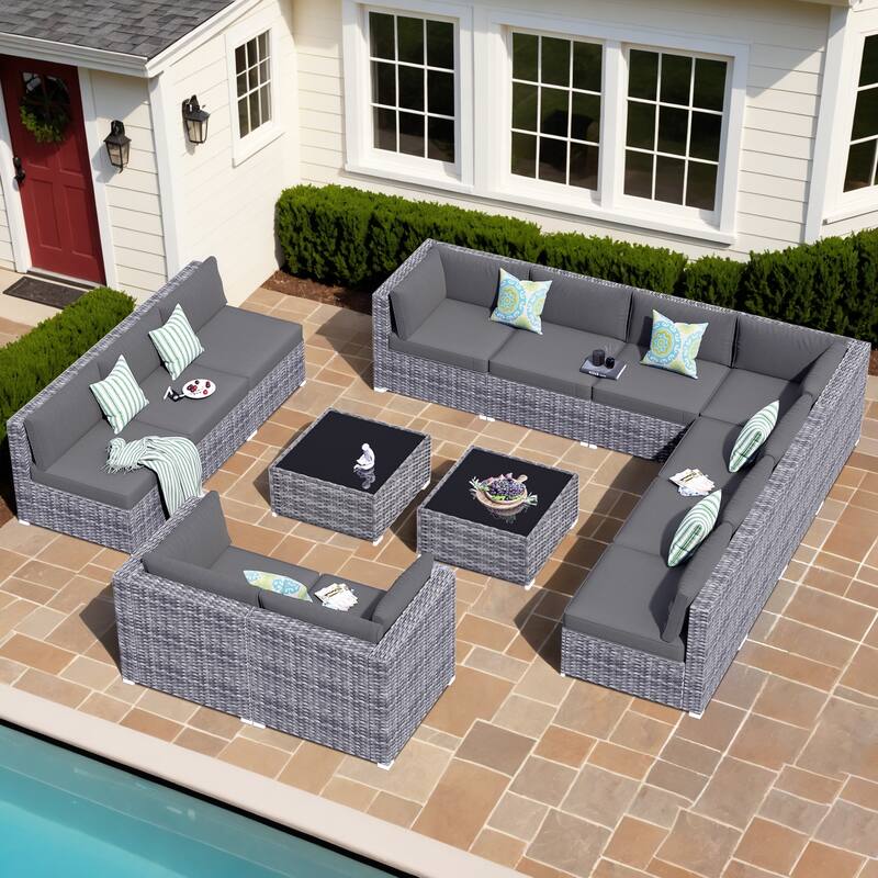 OVIOS 14-Piece Low-profile Deep Seat Wicker Outdoor Patio Furniture Set - Deep Grey