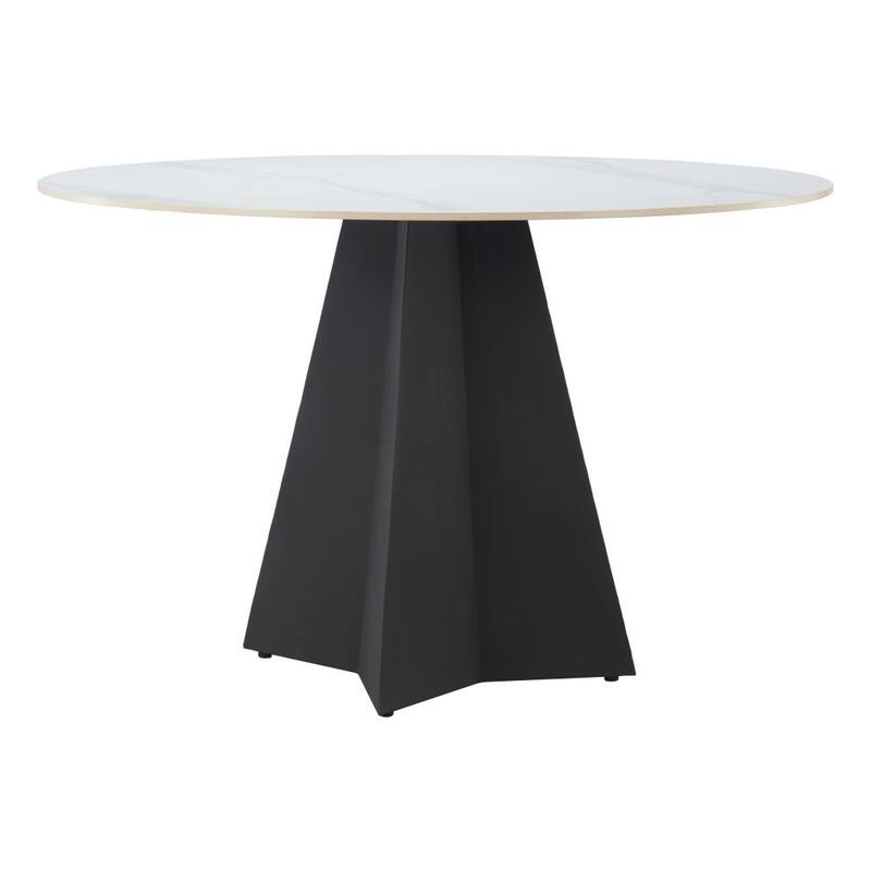 HomeRoots 48" White and Black Sintered Stone and Steel Pedestal Base Round Dining Table - 48.00 in. x 30.10 in. x 48.00 in.