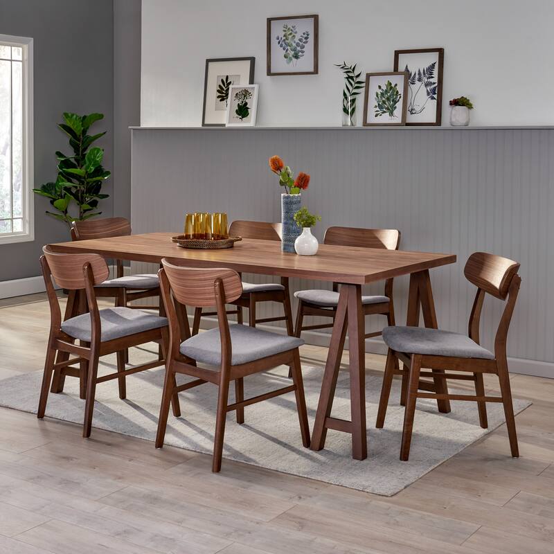 Lucious Mid-Century Modern 7 Piece Dining Set by Christopher Knight Home - Walnut + Dark Gray
