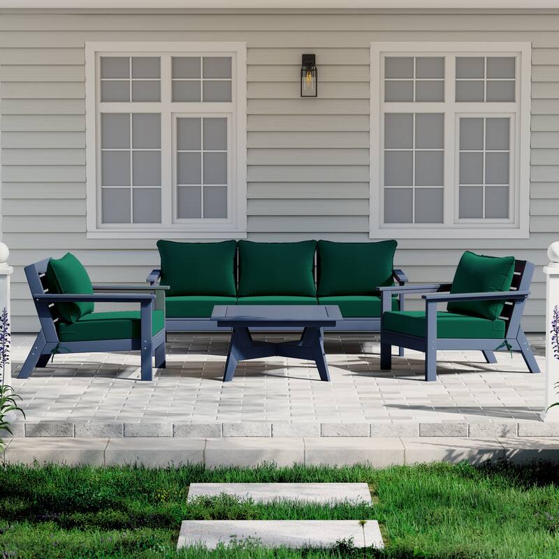 Birchwood All Weather HDPE Outdoor Patio Navy Blue Deep Seating Conversation Set (6-Piece Set) - Navy Blue/Green