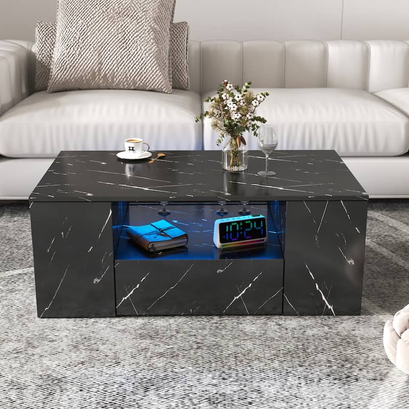 14.57" High LED Coffee Table ,Modern Coffee Tables Center Storage Table with 2 Drawers and Open Side Shelf - Black