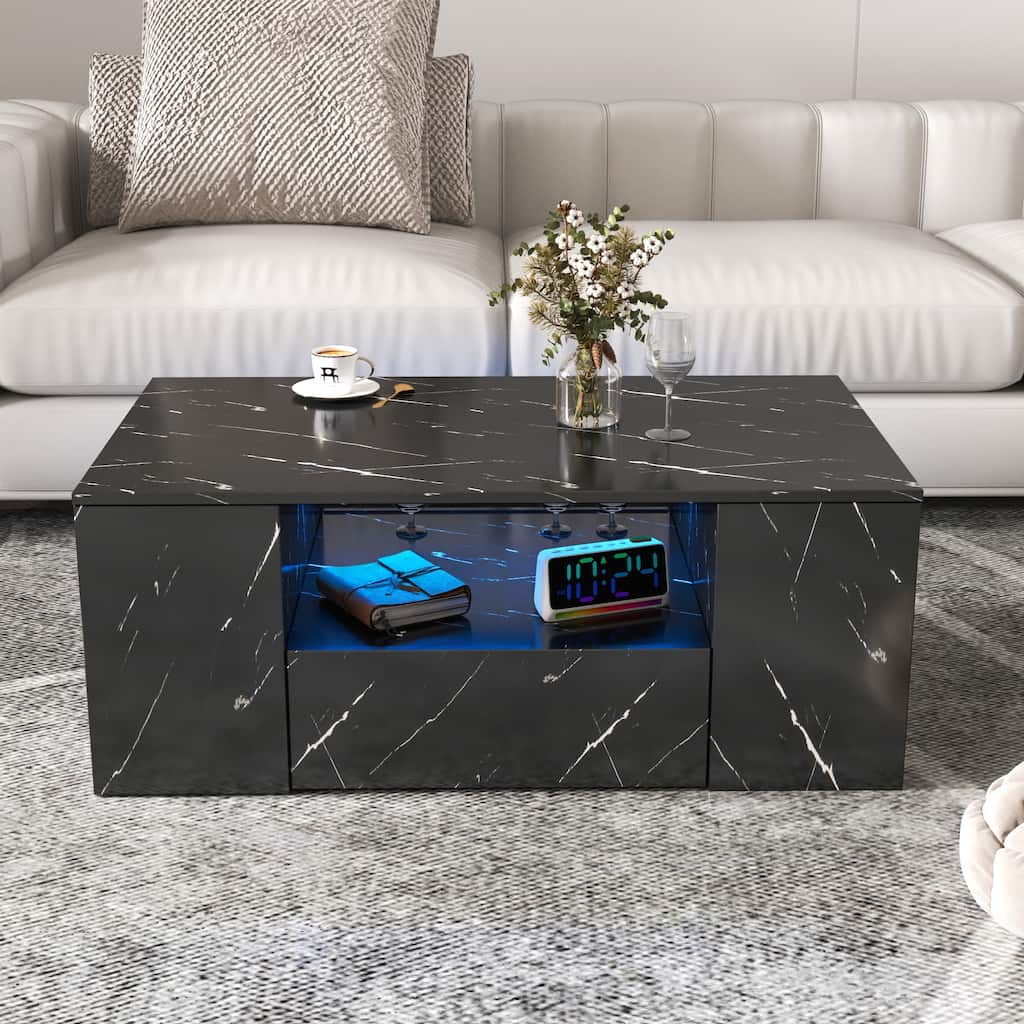 14.57" High LED Coffee Table ,Modern Coffee Tables Center Storage Table with 2 Drawers and Open Side Shelf