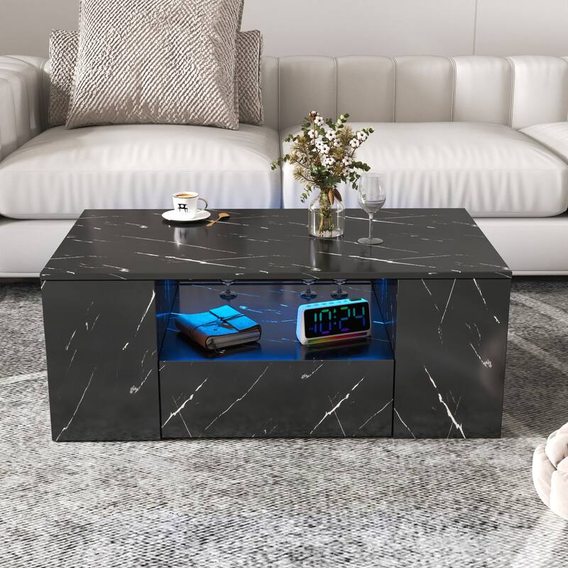 Roomfitters LED Coffee Table with 2 Drawers and Open Shelf, Modern Storage Center Table for Living Room, Black - Black