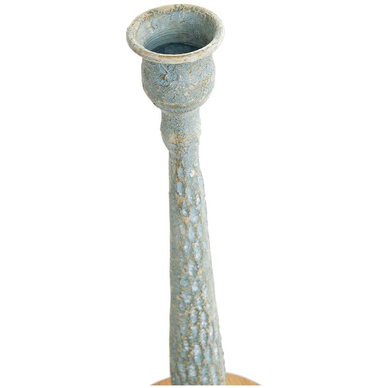 Cream or Light Blue Metal Textured Tapered Candle Holder with Brown Wood Bases (Set of 2)