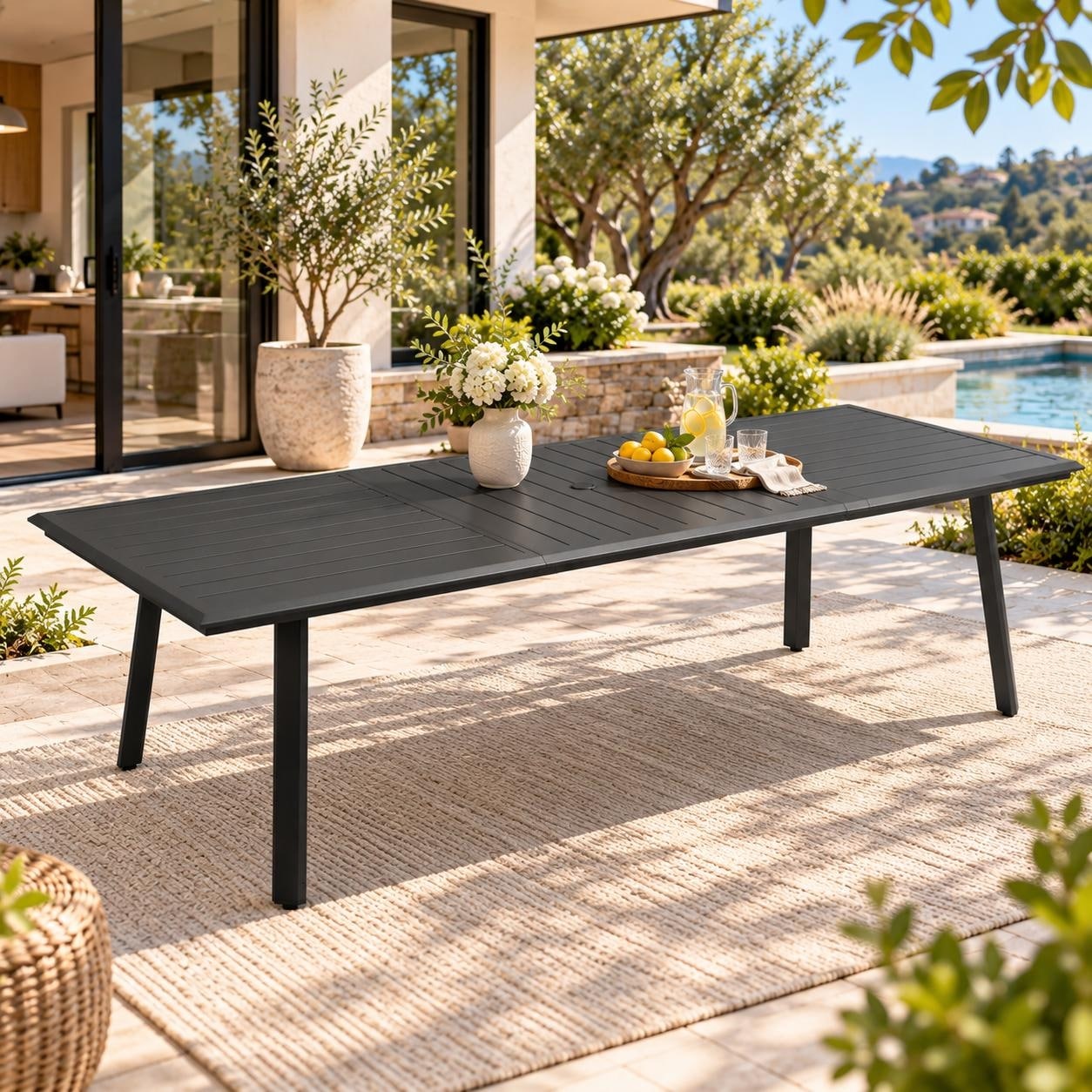 Crestlive Outdoor All-Aluminum Patio Dining Table with Umbrella Hole, Seats 6-12