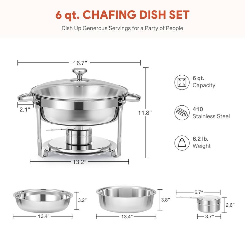 4 Pack 6 qt Stainless Steel Round Chafing Dishes Buffet Set