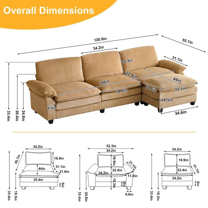 120 in. W Pillow Top Arm Double-Layer Cushion Cloud Sofa Couch