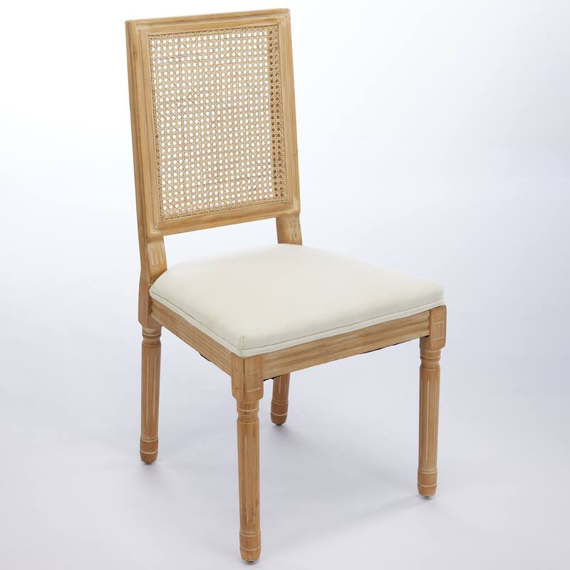 French Decor Chairs Set of 2, Louis Dining Chairs with Square Rattan Backrest and Exquisitely Carved Solid Wood Frame, Beige