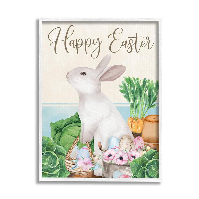 Stupell Happy Easter Bunny Rabbit Greens Eggs Basket Framed Wall Art - Green - 24 x 30 - White