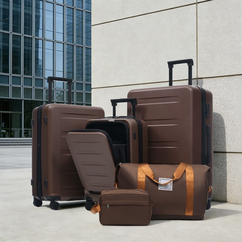 Luggage Sets 5 Piece with Front Opening, Hardside Expandable Carry On Suitcase Set with Double Spinner Wheel, with USB Port