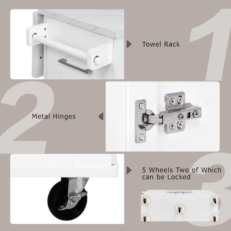 Vintage Rolling Kitchen Cart and Island with Drop Leaf, Tilt Trash Can Cabinet, 2 Drawers and 2-tier Pull-out Storage Organizer