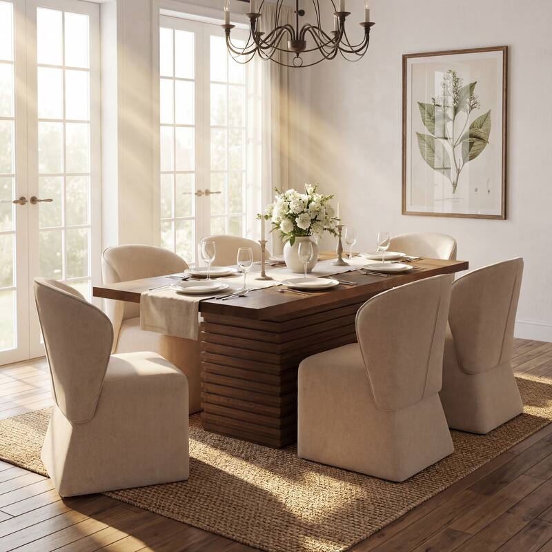 Christopher Knight Home - Eddie 7-Piece Upholstered Dining Set with 84" Rectangular Pillar Base Dining Table - Walnut+Beige