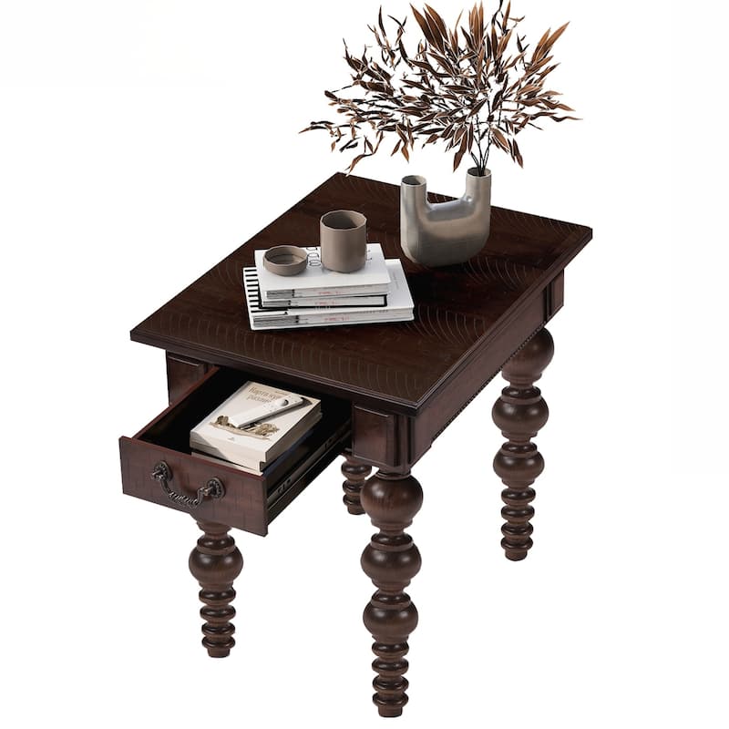 Solid Wood End Table with Drawer, Easy Assembly Vintage Narrow Sofa Side Table for Living Room
