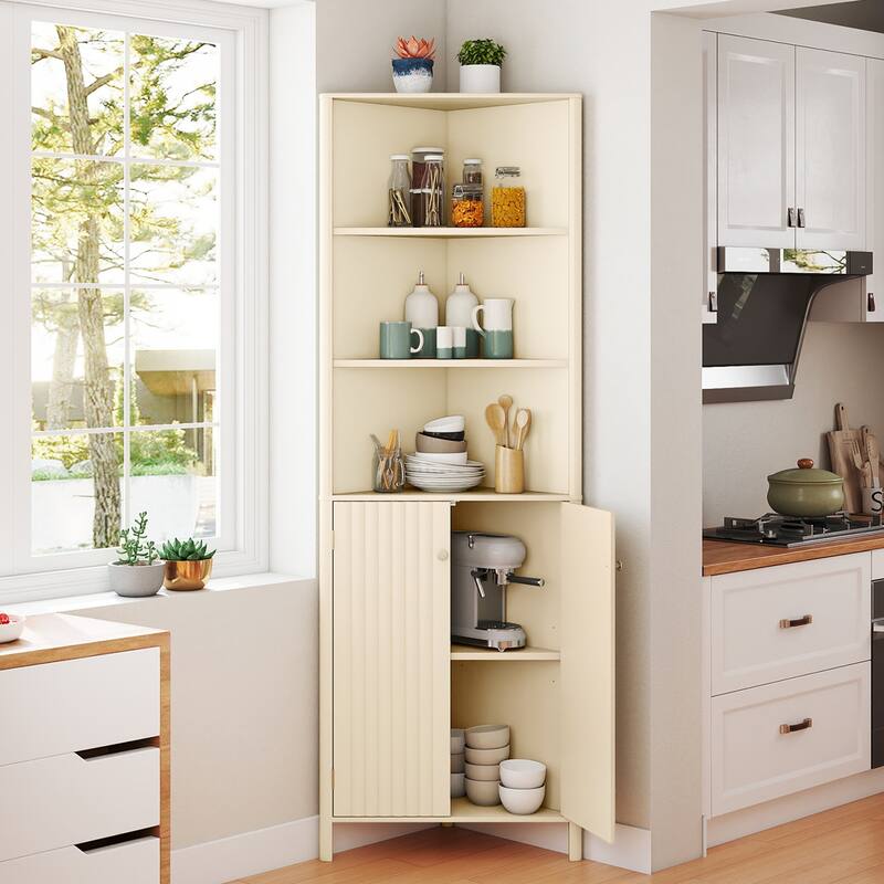 Gymax 68'' Tall Corner Cabinet w/ 5 Shelves & 2 Fluted Doors