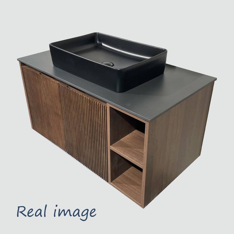 35.83'' Single Bathroom Vanity with Glossy Sintered Stone Top, Light Wood & Dark Wood