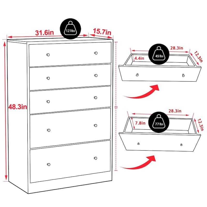 VEIKOUS 31.5''W 5-Drawer Chest of Dresser Storage Clothes Organizer for Bedroom